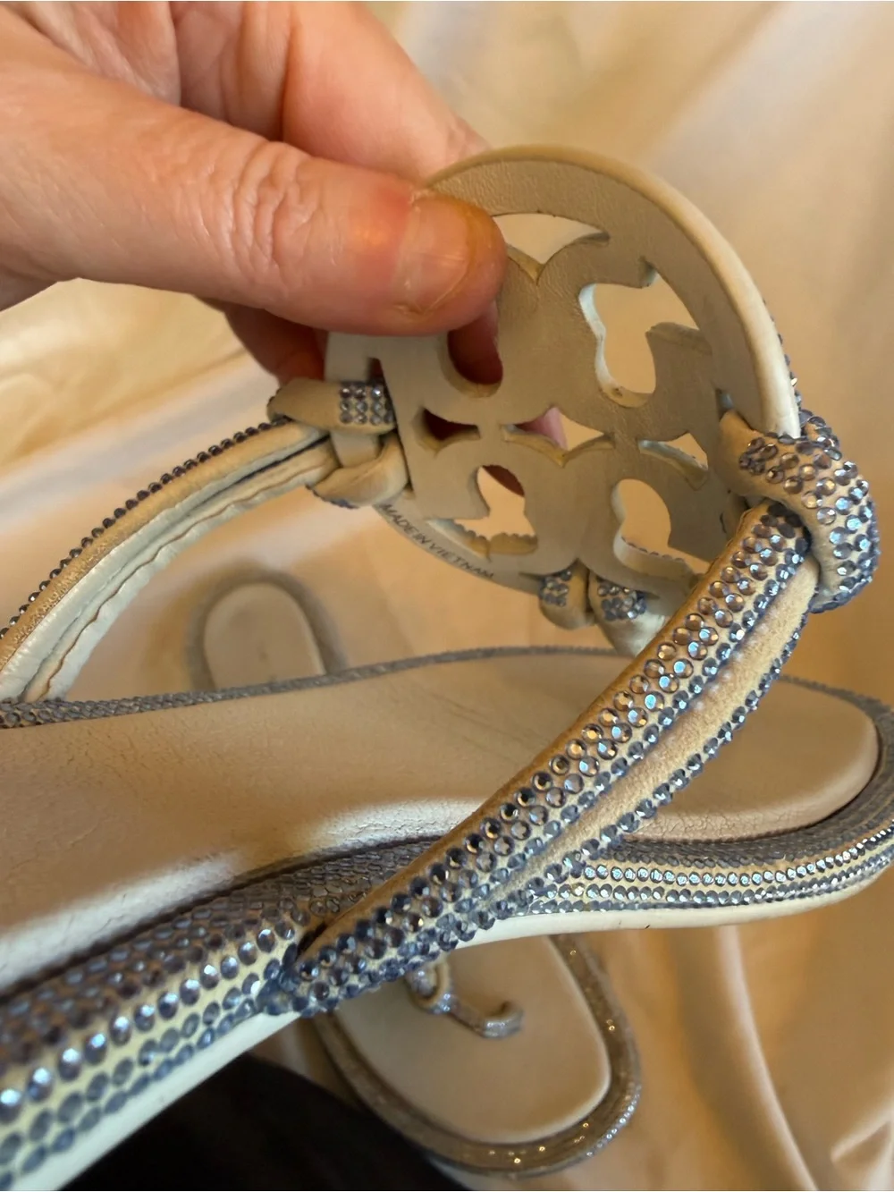 Tory Burch Light Blue rhinestone sparkling Logo Thong Sandals